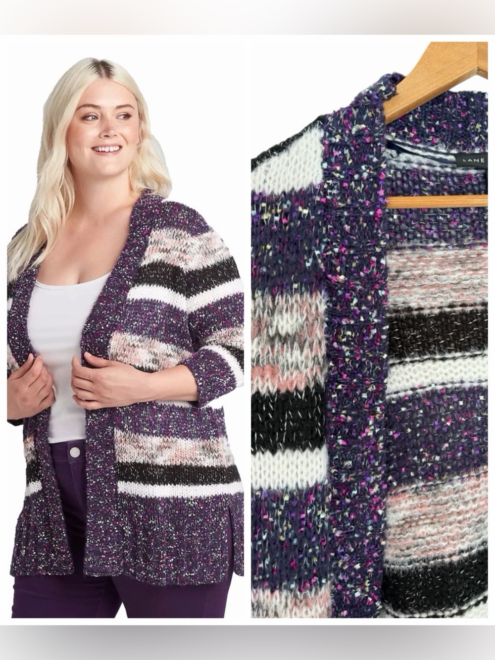 Lane Bryant Purple, Black, White Striped Open-Front Cardigan Sz 10/12